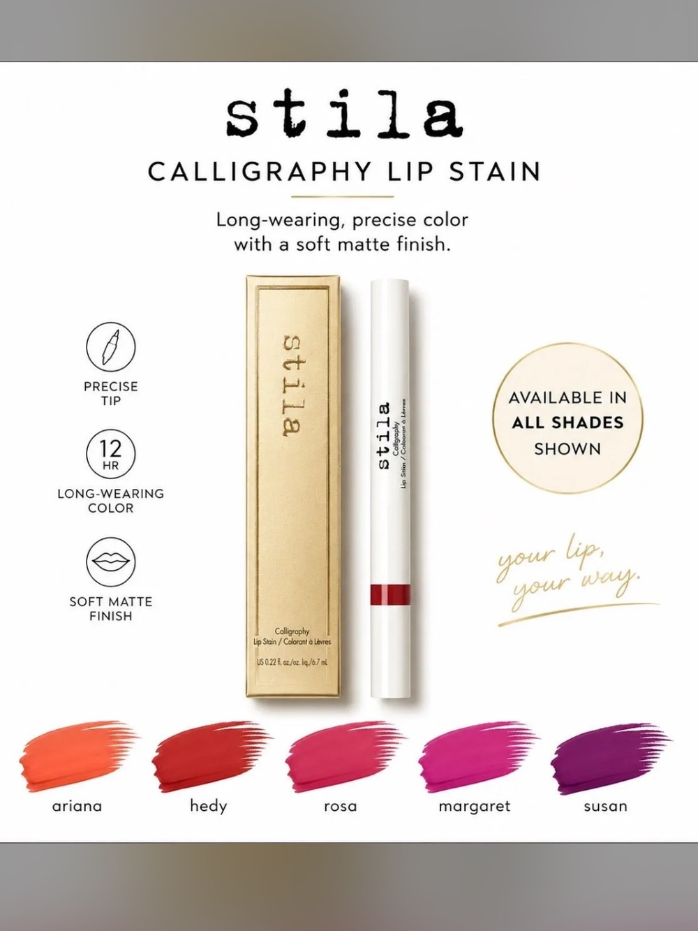 NEW/NIB Stila Calligraphy Lip Stain | Full Size 6.7 mL | Choose Your Shade